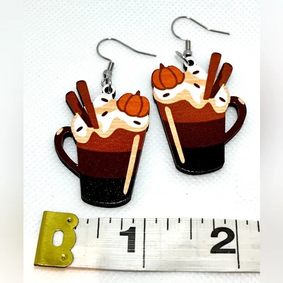 NWT Pumpkin Spice Latte Drop Dangle Earrings Lightweight Wood Fall Autumn - Picture 9 of 11